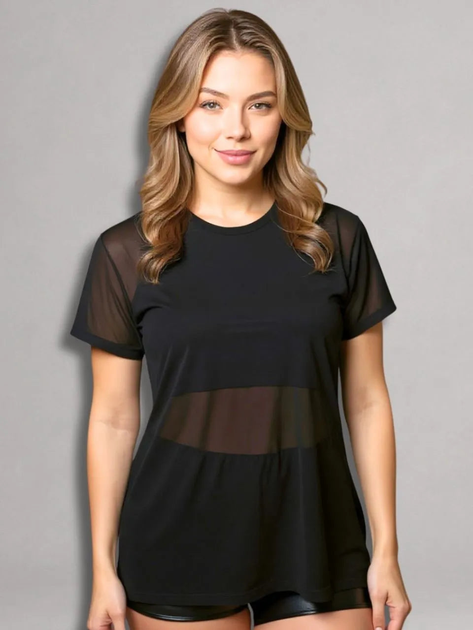 Camisa Moda Fitness Tule Luxo Tendência Tule S/Manga Preto