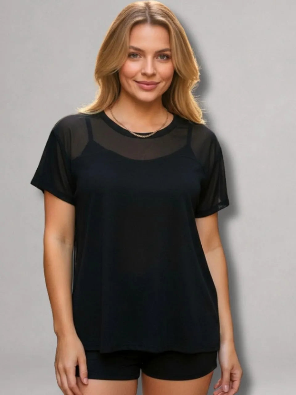 Camisa Moda Fitness Tule Luxo Tendência Tule S/Manga Preto