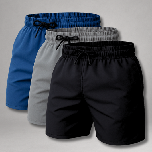 Kit 3 Bermudas Masculinas Dry Fit – Azul, Cinza e Preta