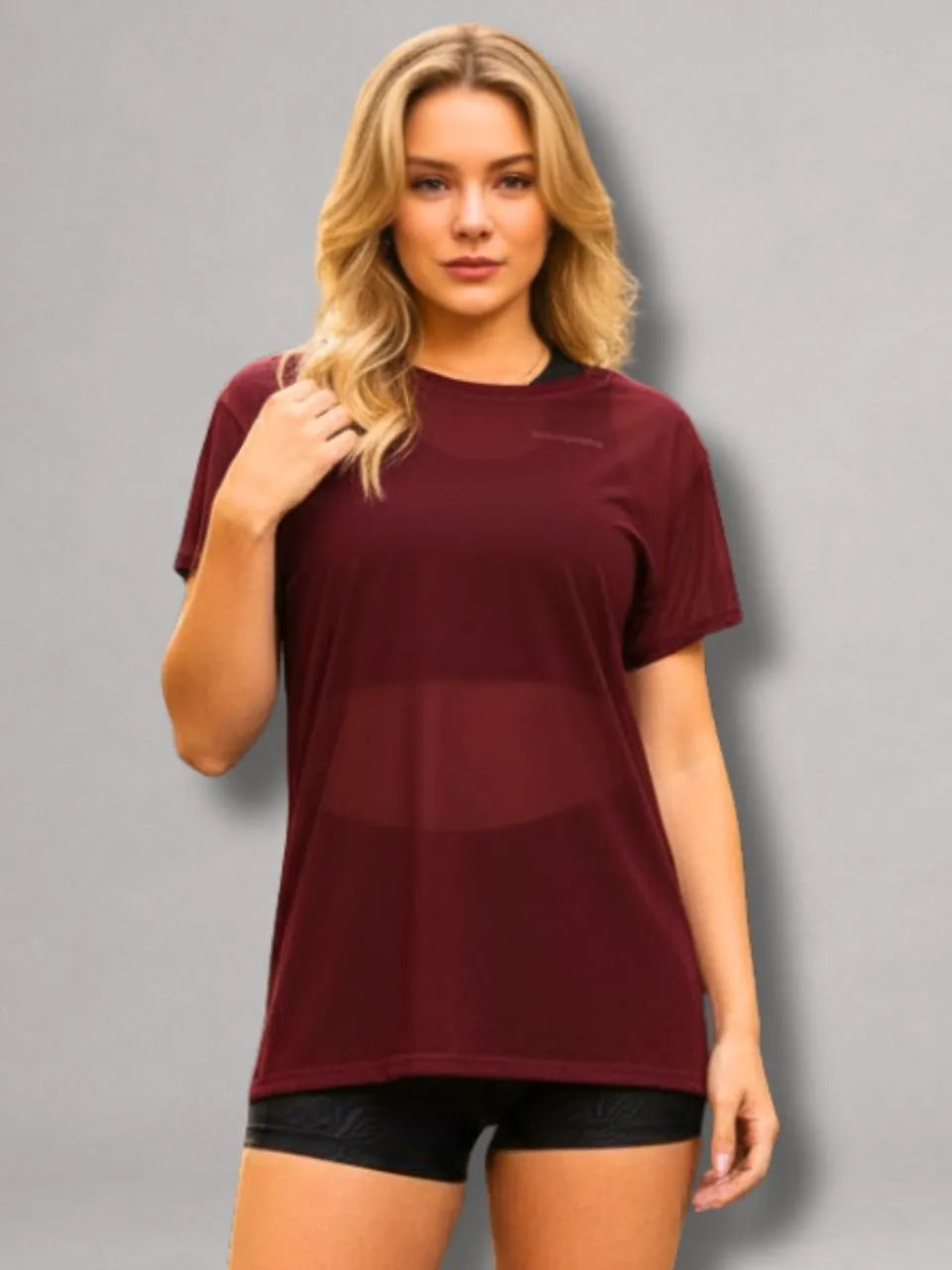 Camisa Moda Fitness Tule Luxo Tendência Tule S/Manga Bordô
