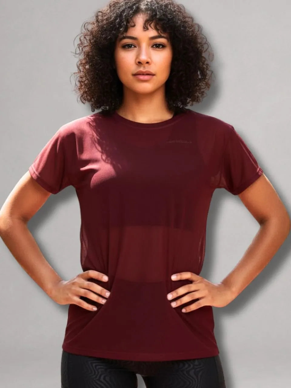 Camisa Moda Fitness Tule Luxo Tendência Tule S/Manga Bordô