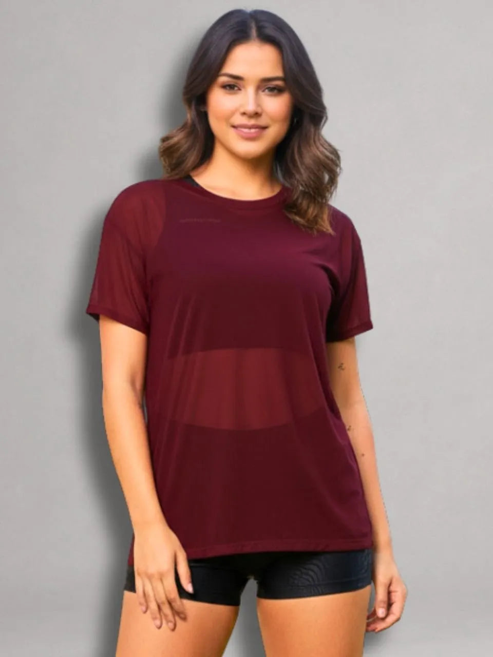 Camisa Moda Fitness Tule Luxo Tendência Tule S/Manga Bordô