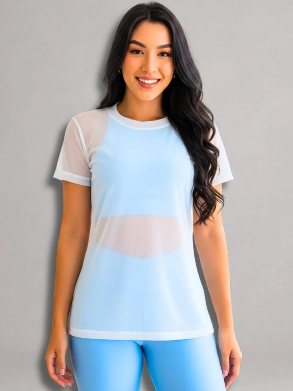 Camisa Moda Fitness Tule Luxo Tendência Tule S/Manga Branco