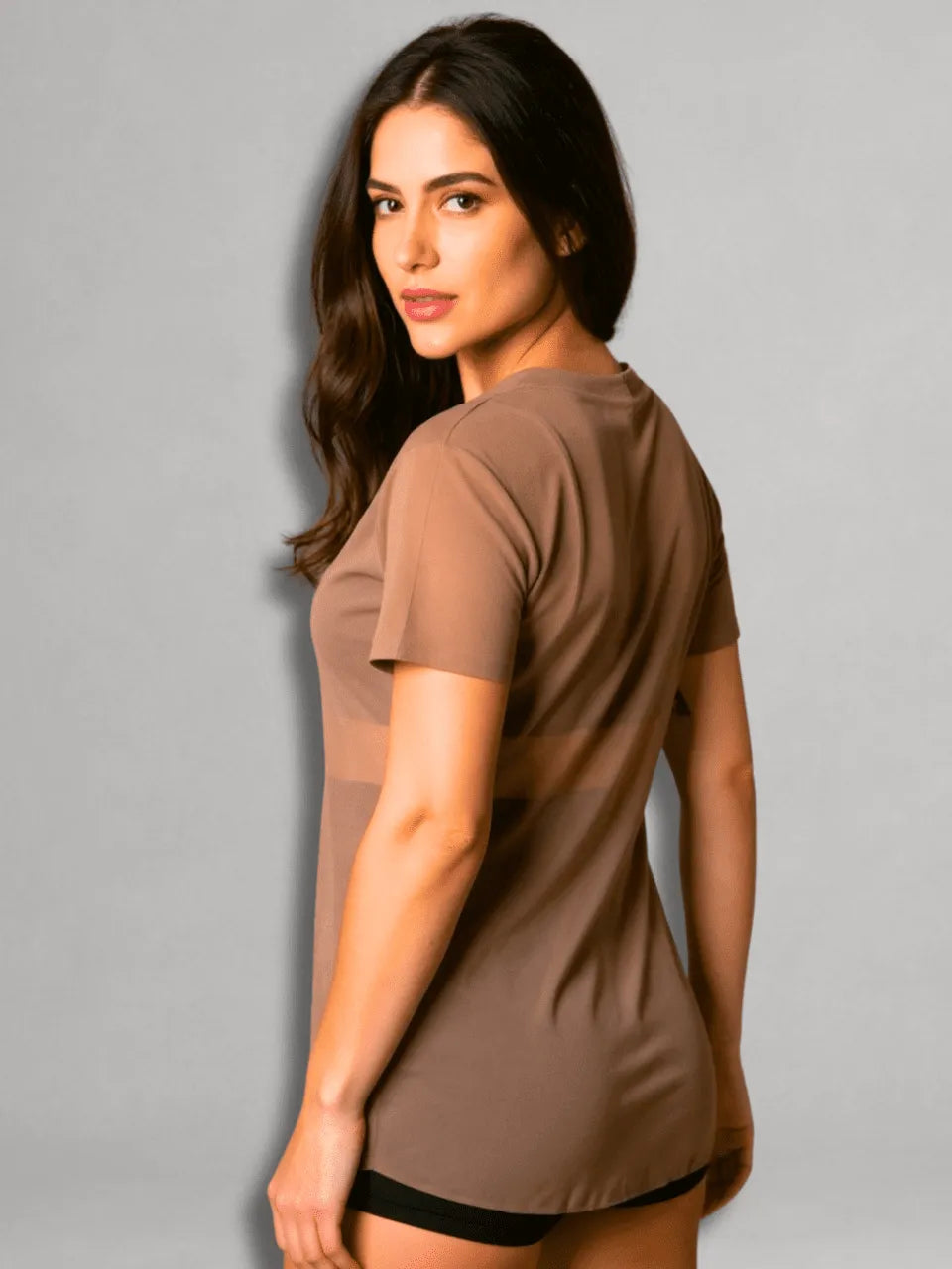 Camisa Moda Fitness Tule Luxo Tendência Tule S/Manga Marrom