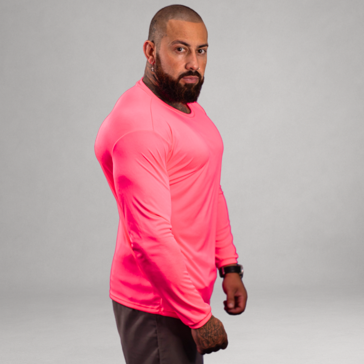 Camiseta Manga Longa Rosa Neon Dry Fit Proteção UV Masculina
