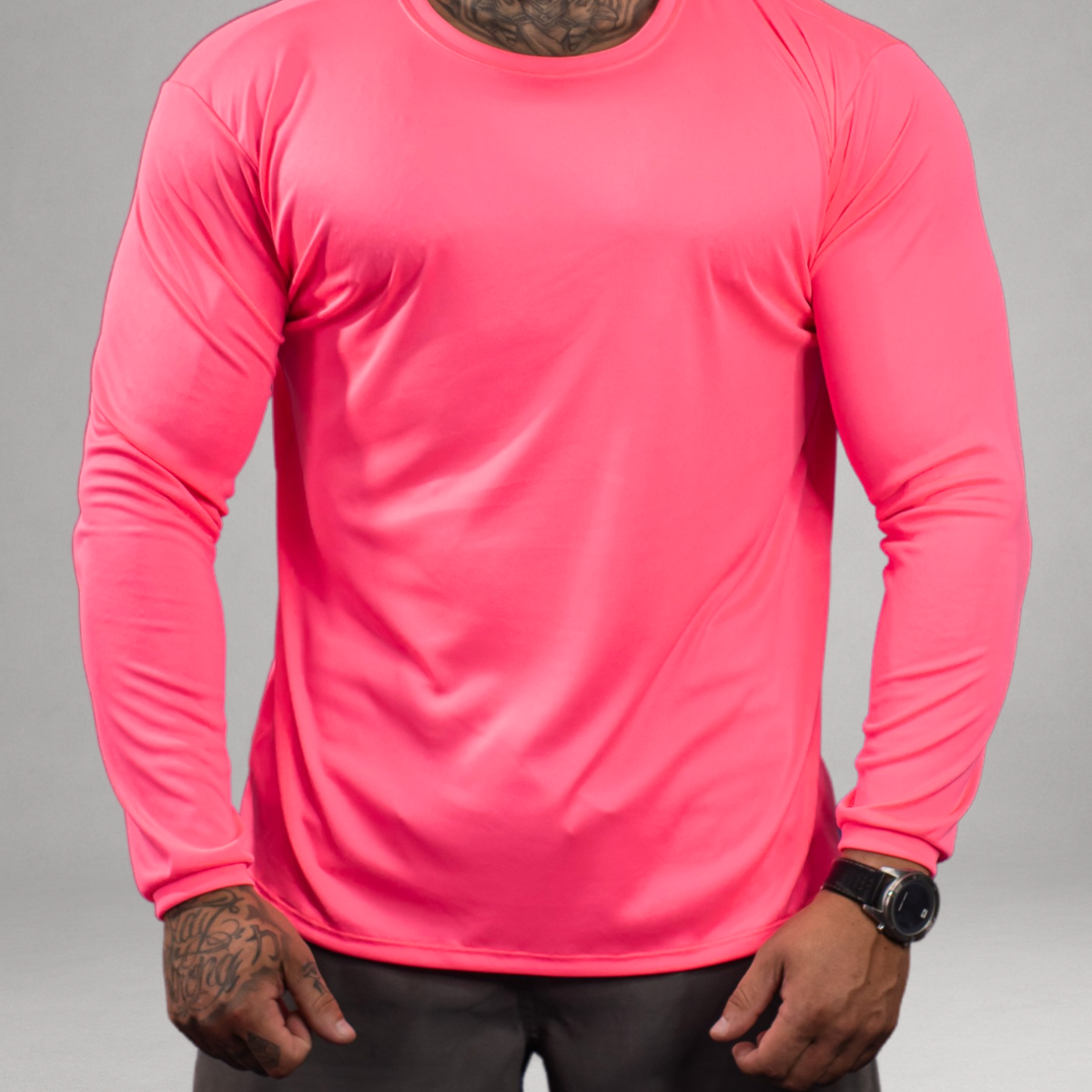 Camiseta Manga Longa Rosa Neon Dry Fit Proteção UV Masculina