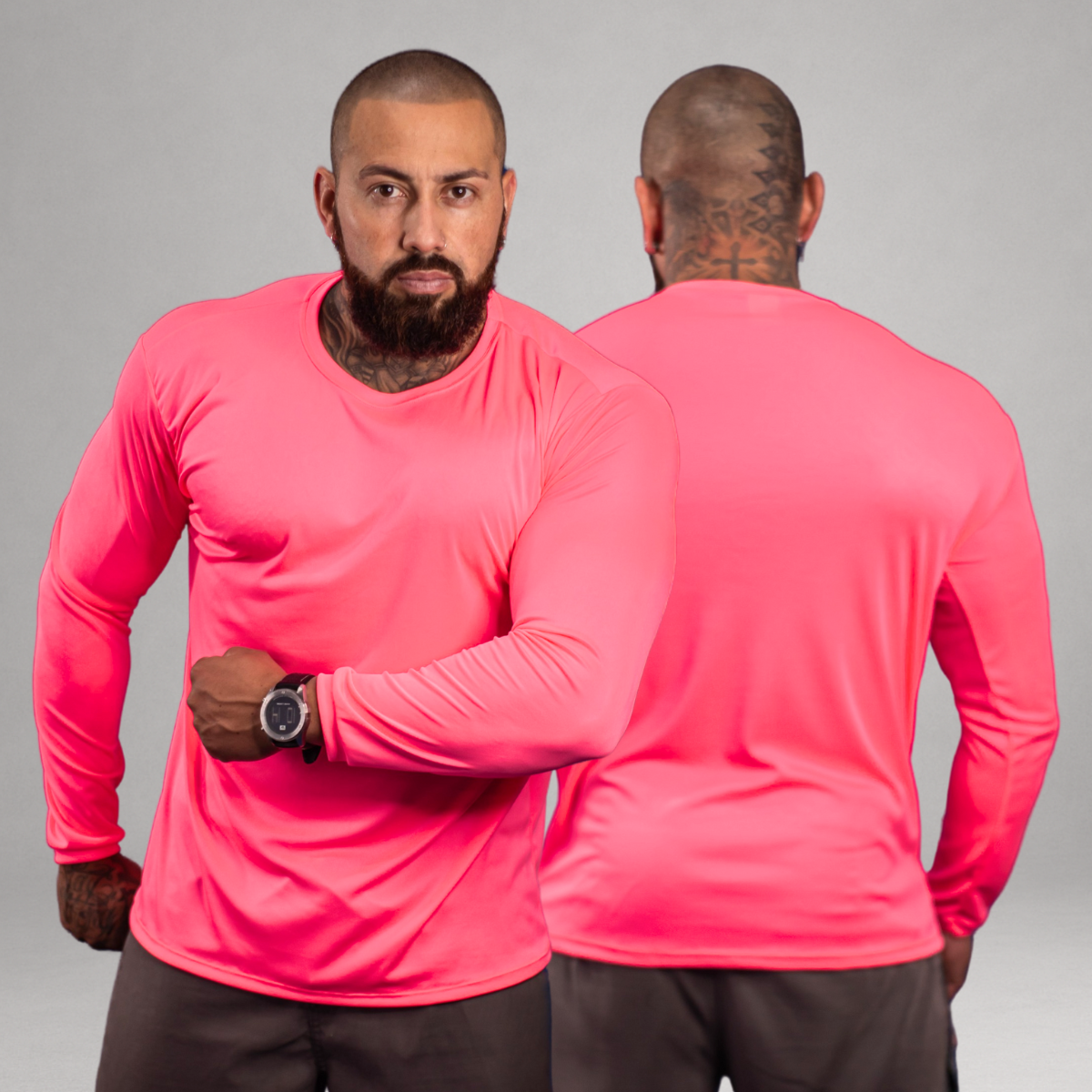 Camiseta Manga Longa Rosa Neon Dry Fit Proteção UV Masculina