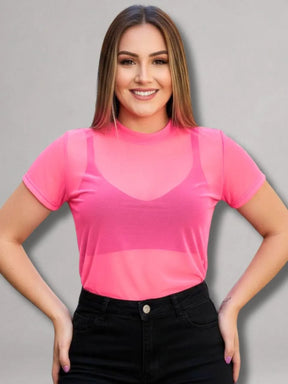 Camisa Moda Fitness Tule Luxo Tendência Tule S/Manga Rosa