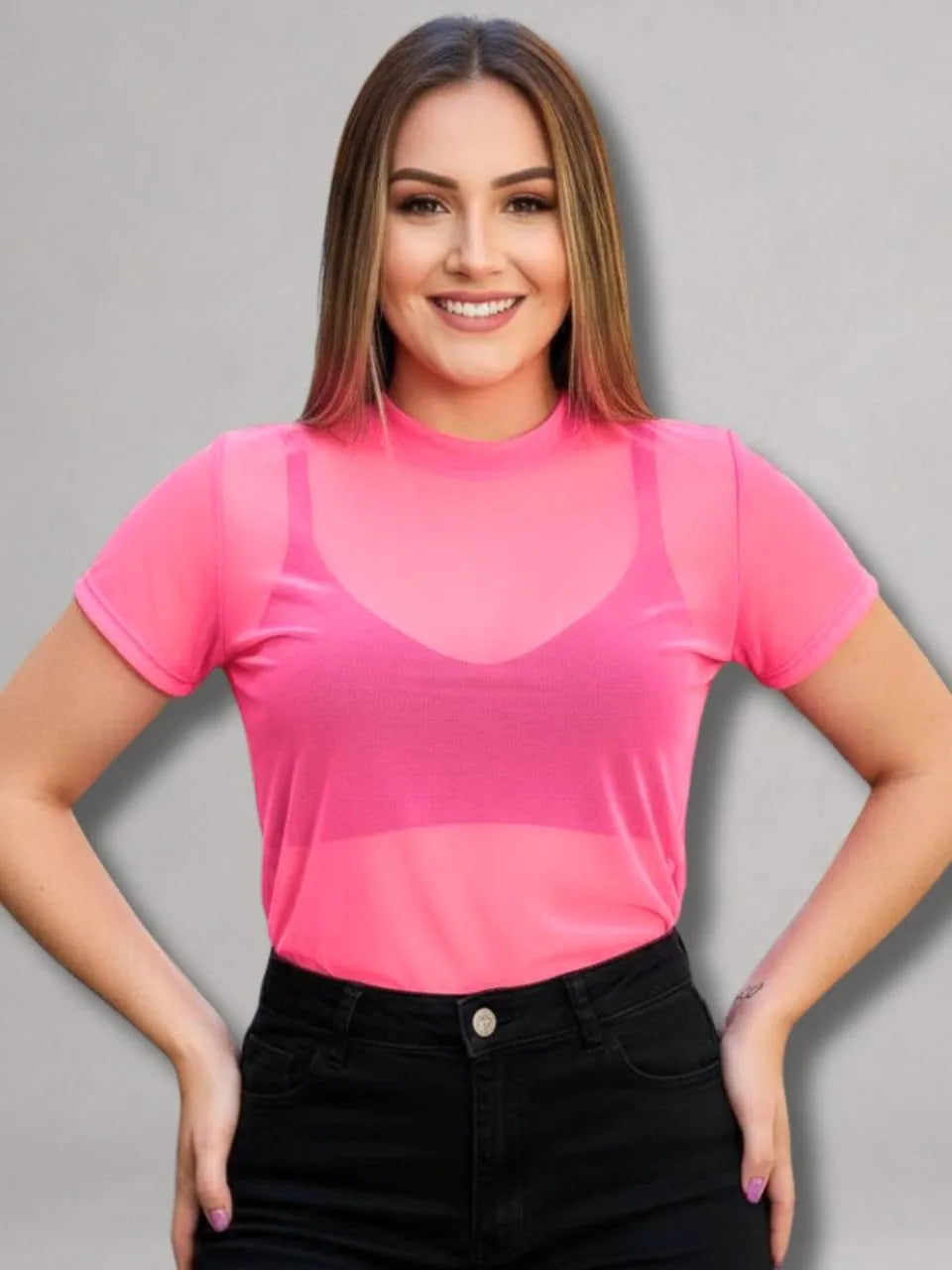 Camisa Moda Fitness Tule Luxo Tendência Tule S/Manga Rosa