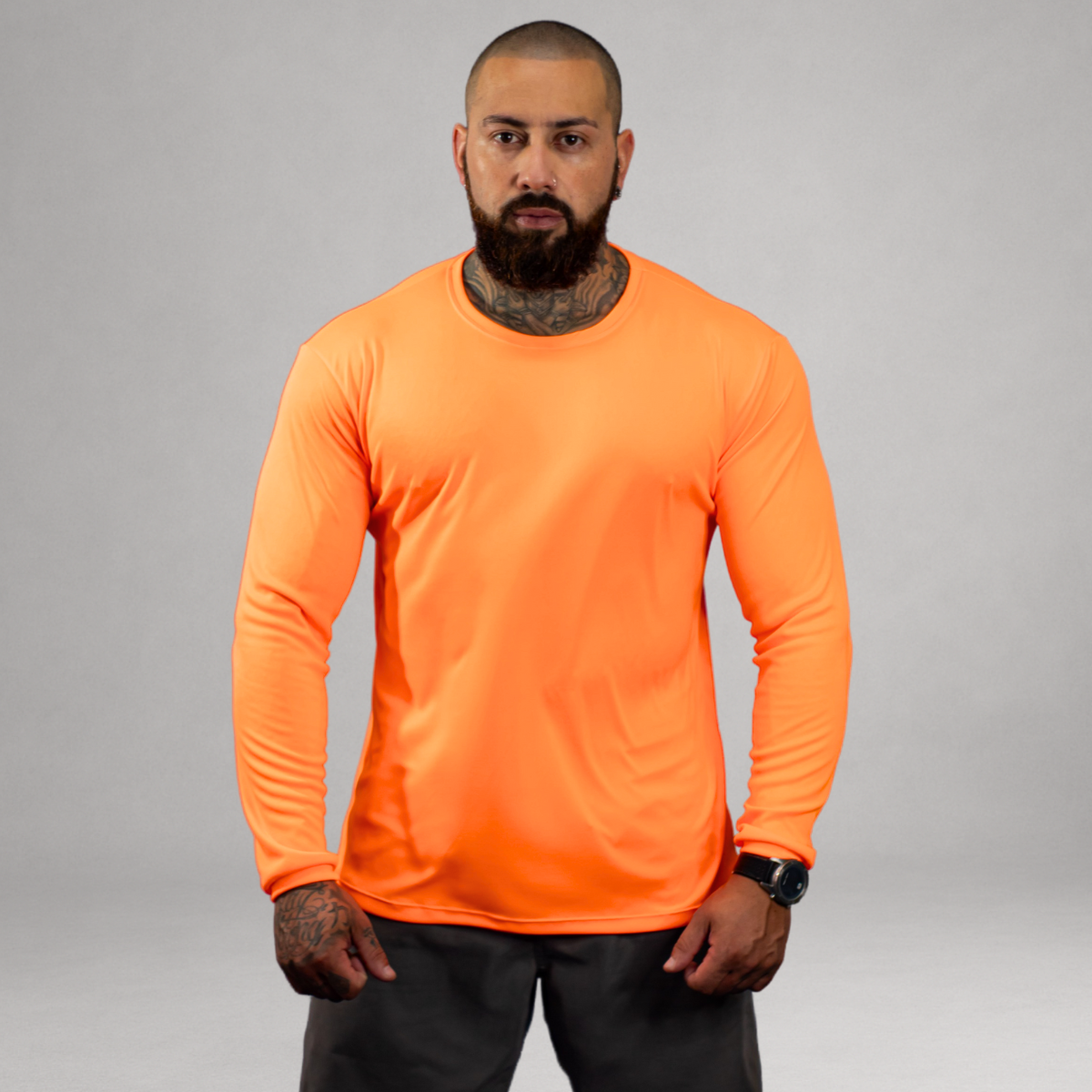 Camiseta Manga Longa Laranja Neon Dry Fit Proteção UV Masculina