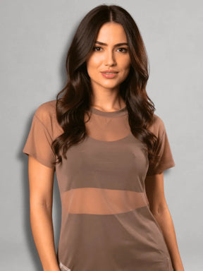 Camisa Moda Fitness Tule Luxo Tendência Tule S/Manga Marrom