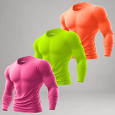 Kit 3 Camisetas Manga Longa Masculinas Dry Fit Proteção UV – Rosa Neon, Amarelo Neon e Laranja Neon