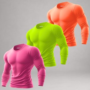 Kit 3 Camisetas Manga Longa Masculinas Dry Fit Proteção UV – Rosa Neon, Amarelo Neon e Laranja Neon