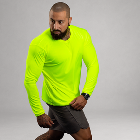 Kit 3 Camisetas Manga Longa Masculinas Dry Fit Proteção UV – Rosa Neon, Amarelo Neon e Laranja Neon