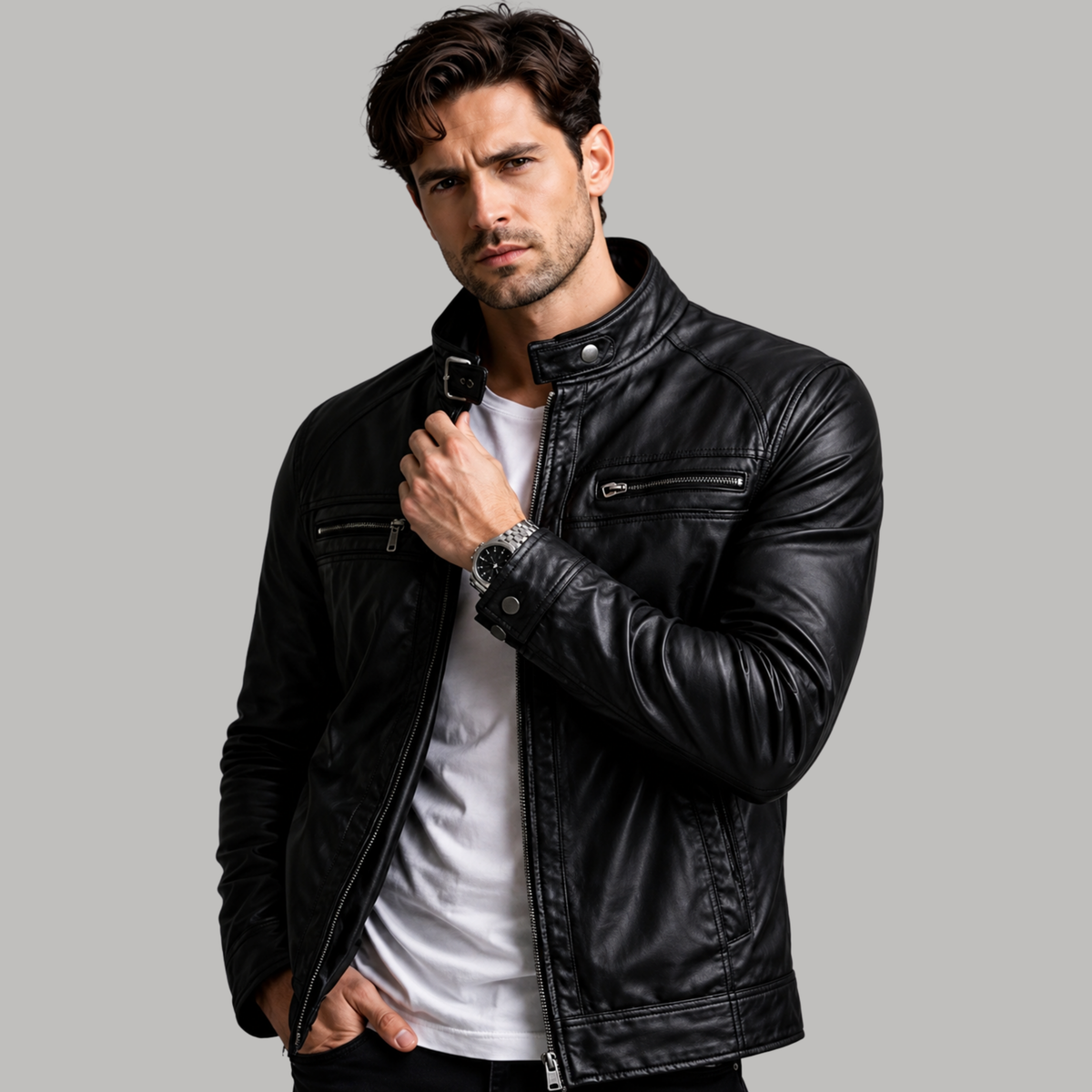 Jaqueta de Couro Masculina Preta Premium