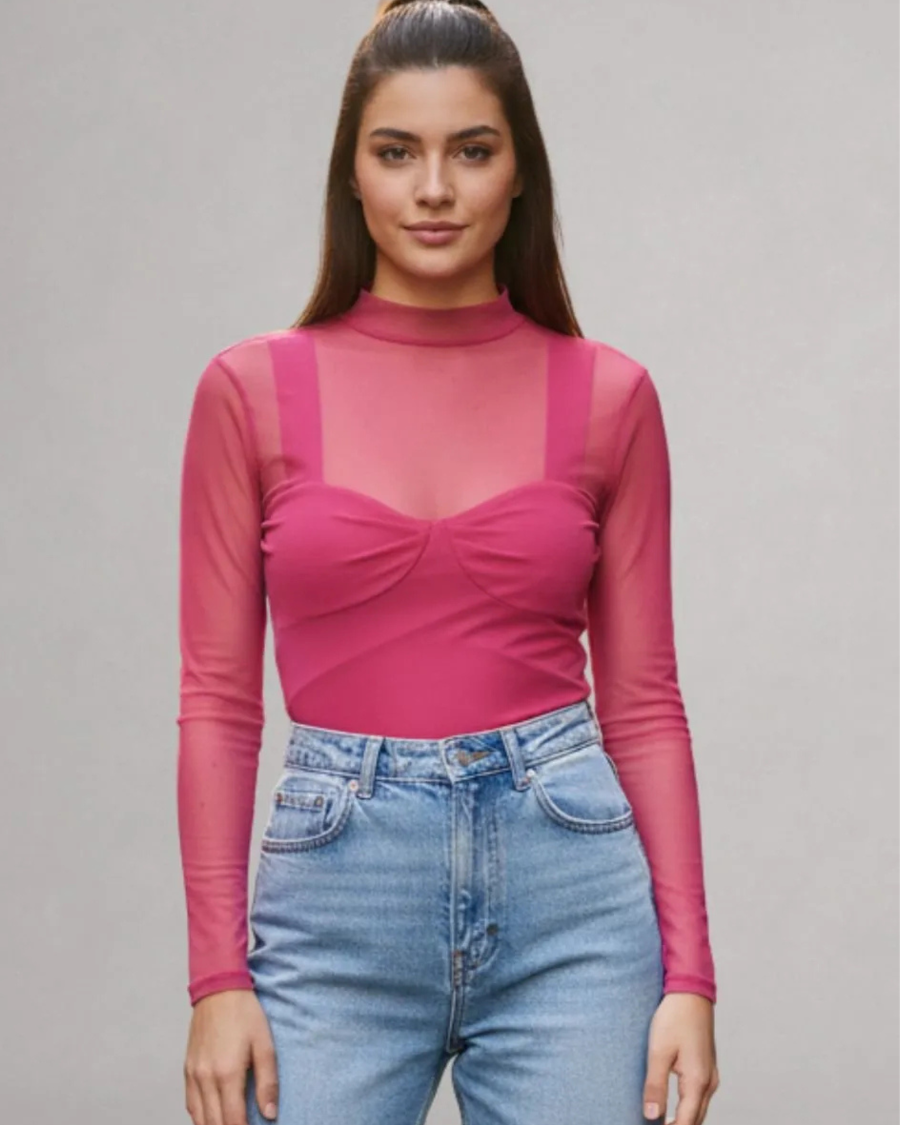 Camisa Tule Manga Longa Luxo Tendência- Rosa