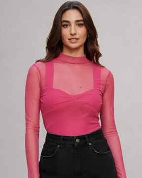 Camisa Tule Manga Longa Luxo Tendência- Rosa