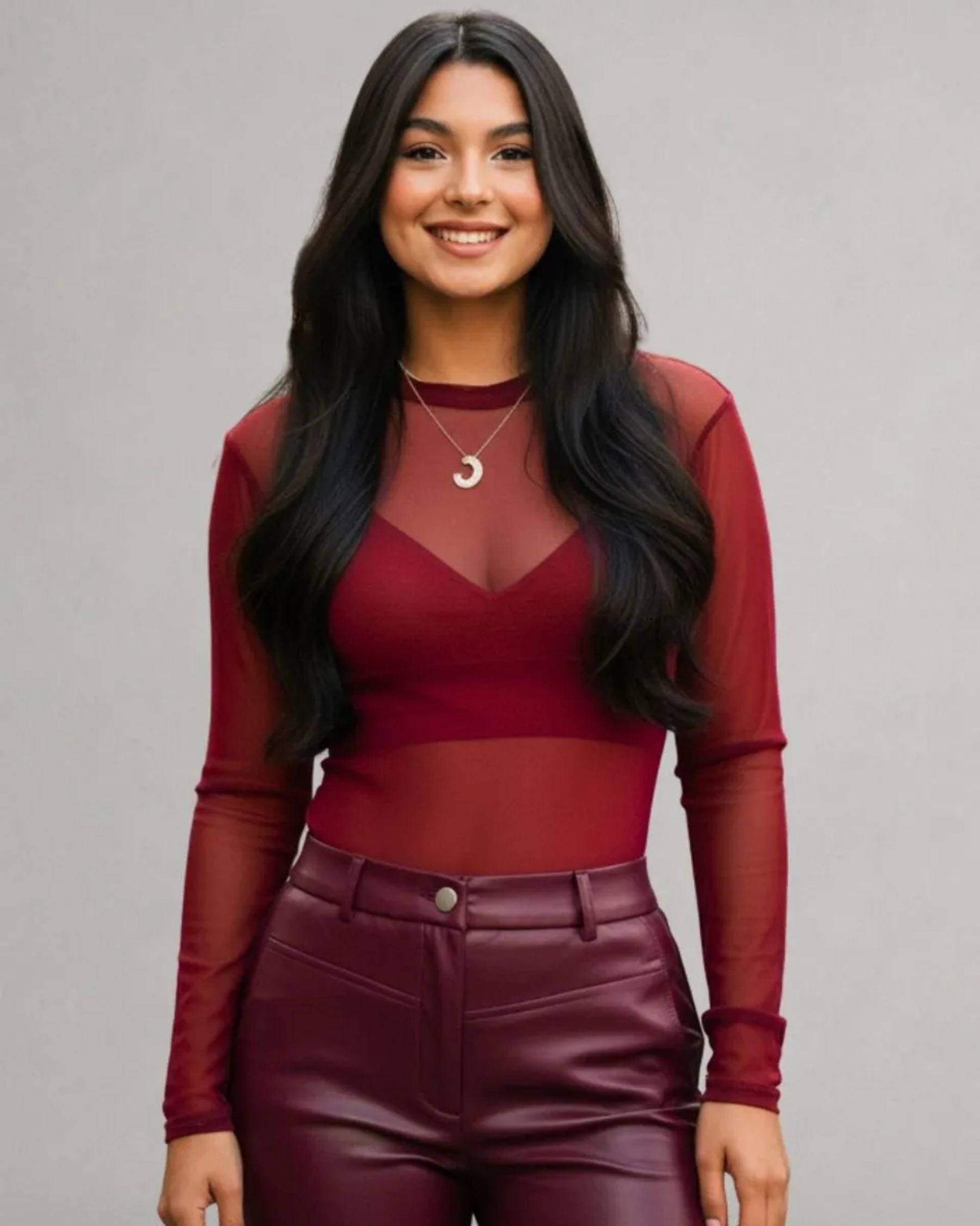 Camisa Tule Manga Longa Luxo Tendência- Bordo
