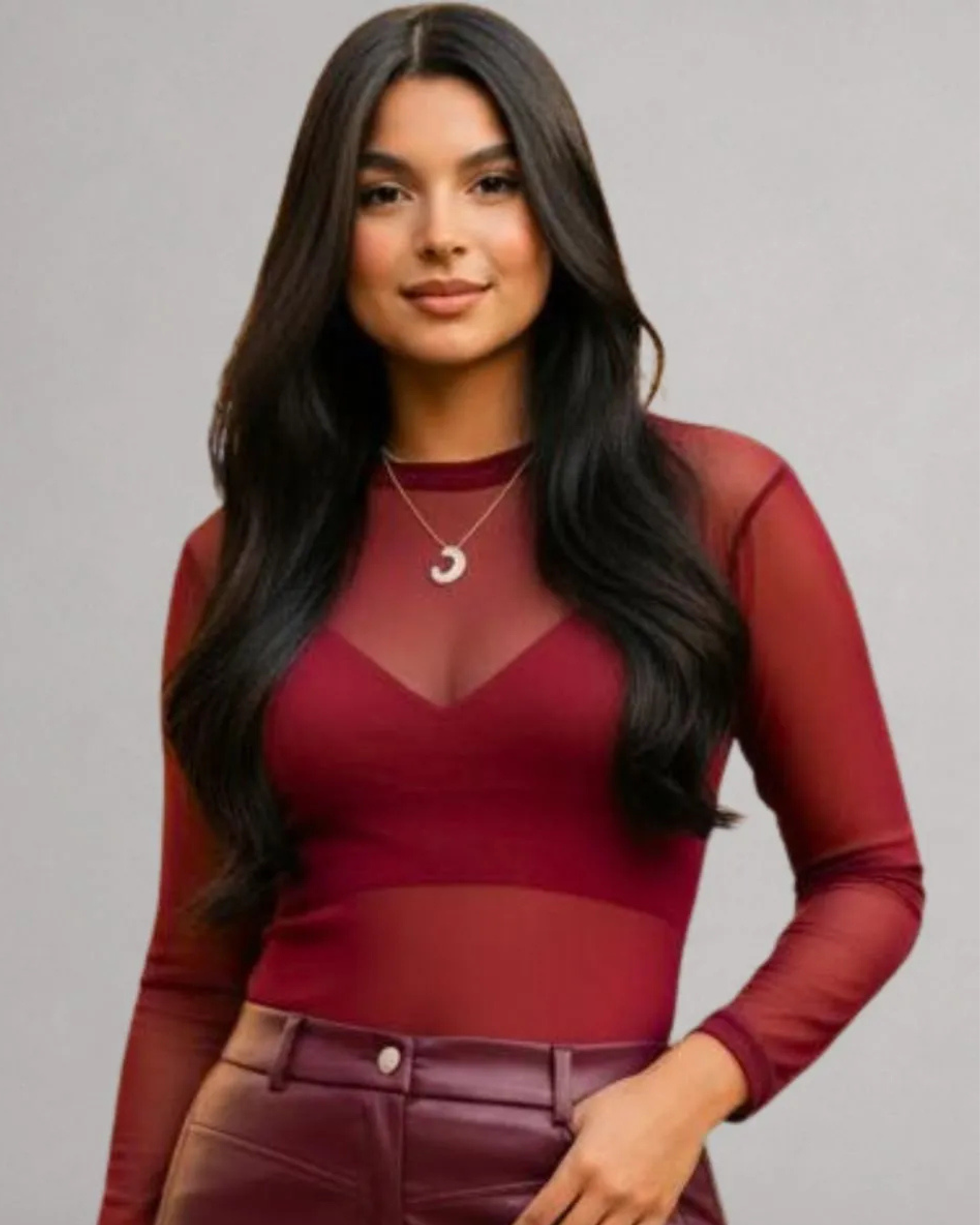 Camisa Tule Manga Longa Luxo Tendência- Bordo