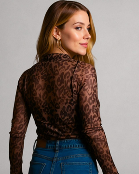 Camisa Tule Manga Longa Luxo Tendência- Estampa Onça